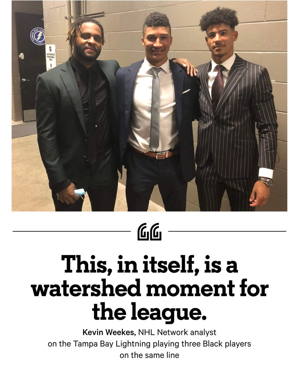 TheAthleticNHL's tweet photo. The Lightning's Mathieu Joseph, Gemel Smith and Daniel Walcott made history Monday in what's believed to be the first all-Black forward line in NHL history.

"In this moment, in this game, hockey really was for everyone."

📚 https://t.co/8vAr6vGaDz https://t.co/5RnDvhROfl