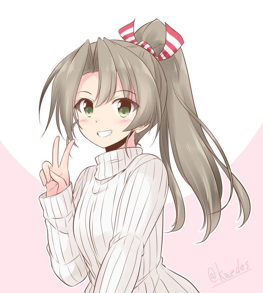 zuihou (kancolle) 1girl solo sweater green eyes long hair white sweater alternate hairstyle  illustration images