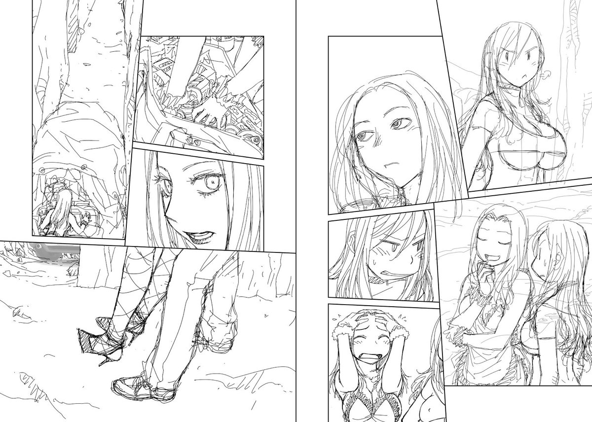 見開き単位で作業してた連載の下描き台詞フキダシ擬音無しバージョン…42↓
1枚目は紙媒体(雑誌とか同人誌とか…)だからできる見開きコマ割りです。
縦読みの可能性もあるネット配信ではやってはいけないコマ割り。
読者が混乱するからね〜_φ(T▽T;) 