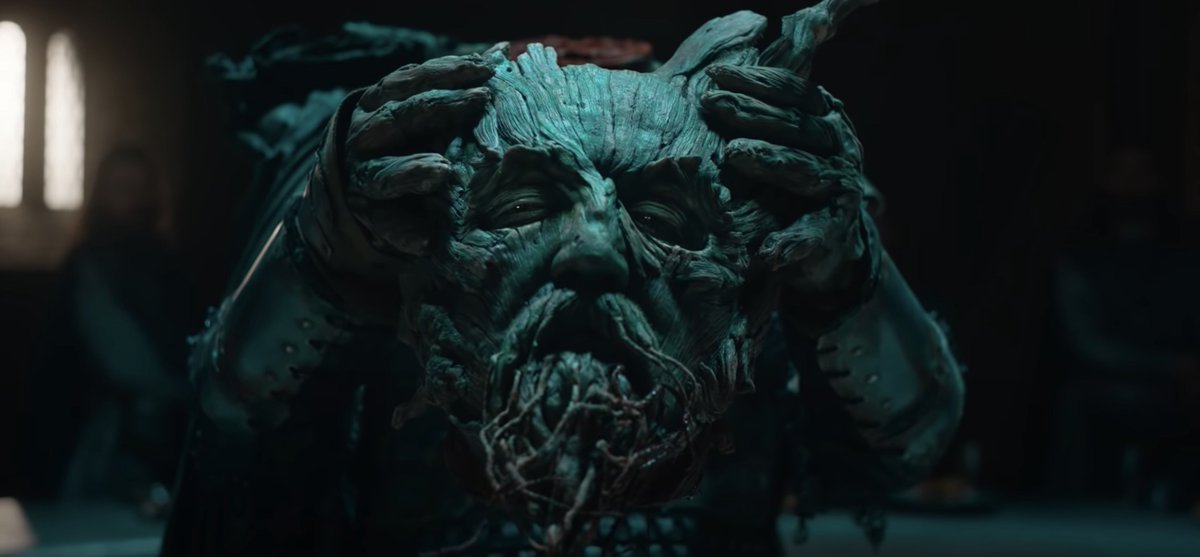 mavericksmovies's tweet image. Everyone is going on about the cinematography in The Green Knight trailer but I'm just in awe of the makeup and practical FX work on display here from Paul Byrne, Barrie Gower, Audrey Doyle and co.