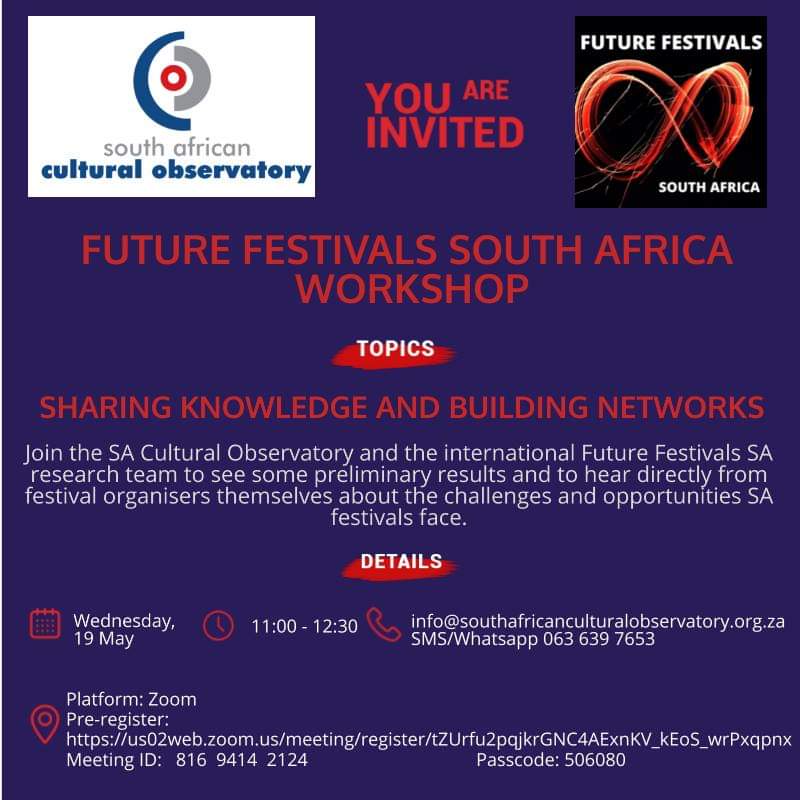 Future Festivals South Africa – Sharing knowledge and building networks with <a href="/JontyGross/">Jonathan Gross</a> <a href="/SACulturalObs/">CultureObservatory</a> 
Join us on Wednesday the 19th of May (11am – 12:30pm, SA time). Link for pre-registration: us02web.zoom.us/meeting/regist…