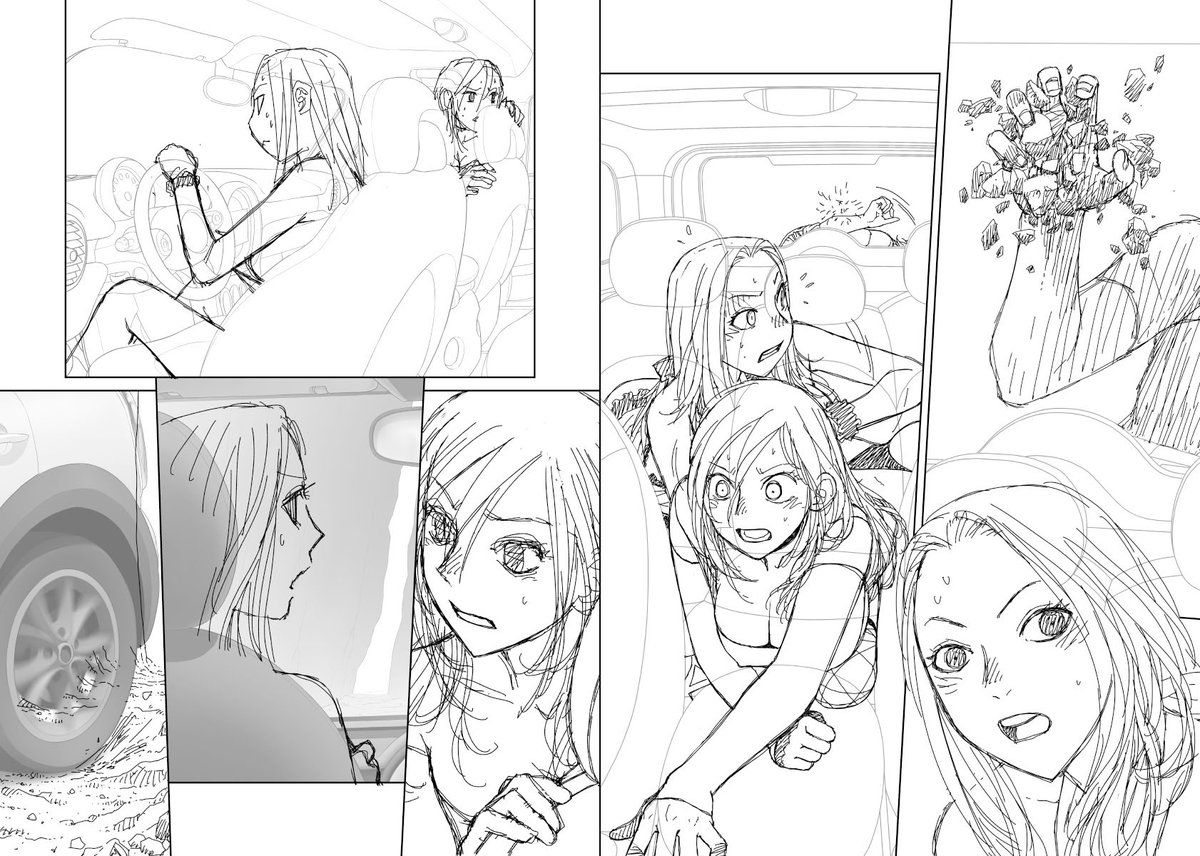 見開き単位で作業してた連載の下描き台詞フキダシ擬音無しバージョン…41↓

先に背景の車とかを元にキャラを配置してたりもするのですが、背景を描く前にどんなシーンなのか考えておかないと背景が無駄になるのでキャラの動きを把握しておく必要があります
でも勝手に予想外の行動をする時も… 