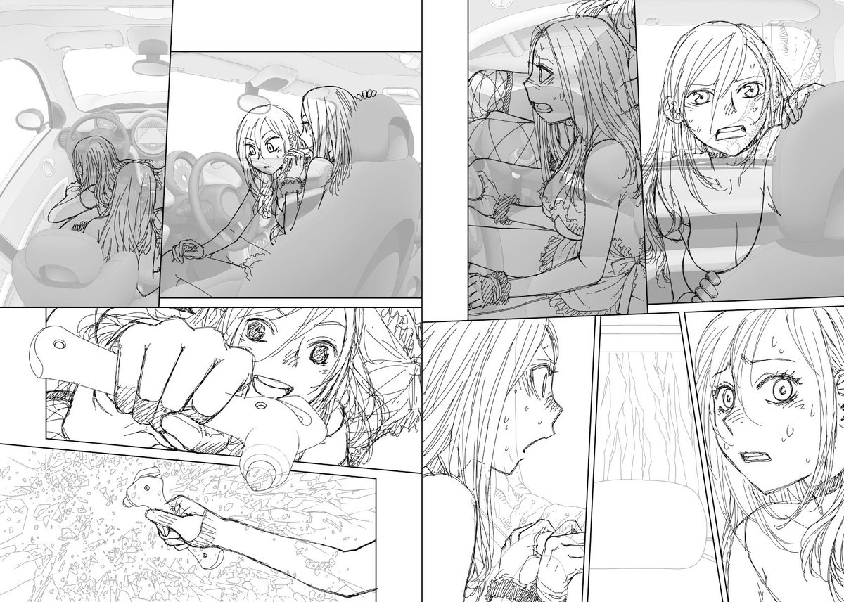 見開き単位で作業してた連載の下描き台詞フキダシ擬音無しバージョン…41↓

先に背景の車とかを元にキャラを配置してたりもするのですが、背景を描く前にどんなシーンなのか考えておかないと背景が無駄になるのでキャラの動きを把握しておく必要があります
でも勝手に予想外の行動をする時も… 