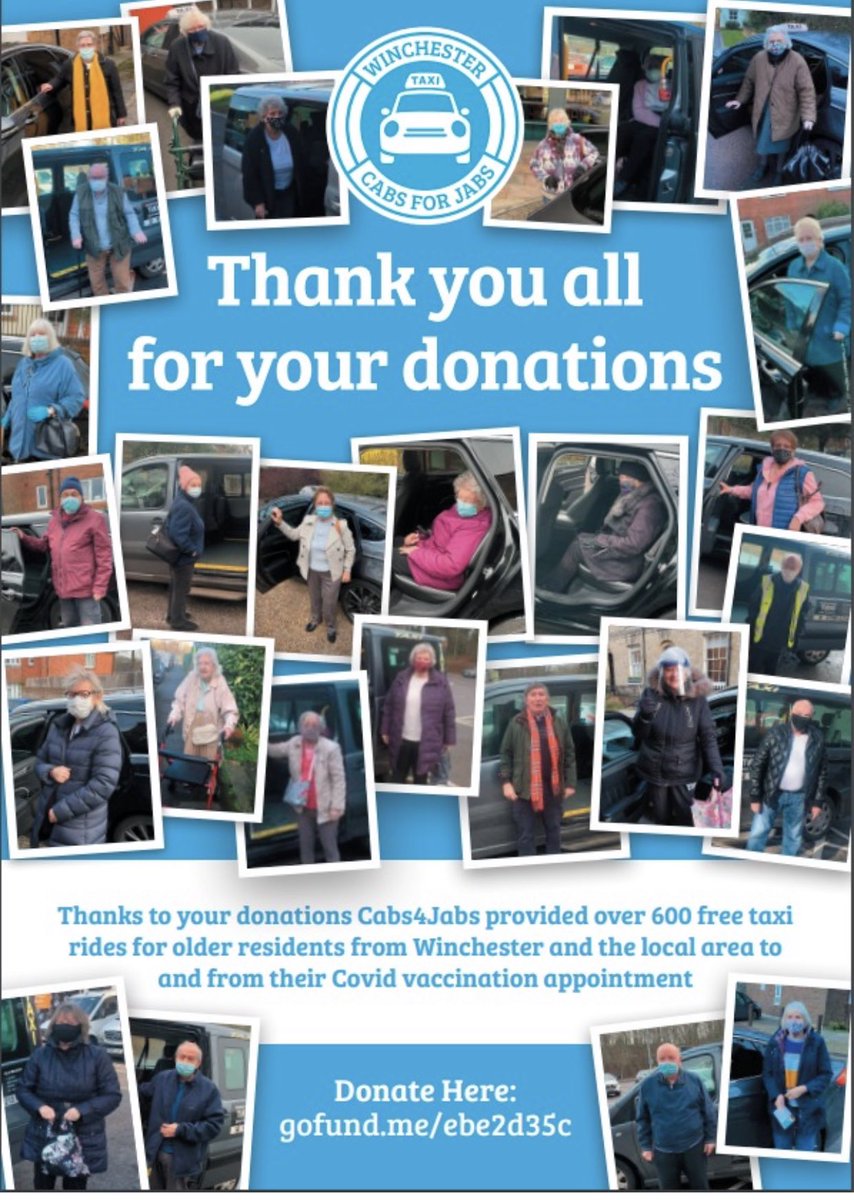 SoaneRanger's tweet photo. 🚕4💉 #Cabs4Jabs
Over 600 taxis to vaccinations paid for ✅
Coverage on TV, radio &amp; press ✅
Helped set up similar initiatives nationwide ✅

Thankyou 🙏
@winchestertoday @WinchesterCity @BrineMP #HelloWinchester https://t.co/inMkxZtn5l