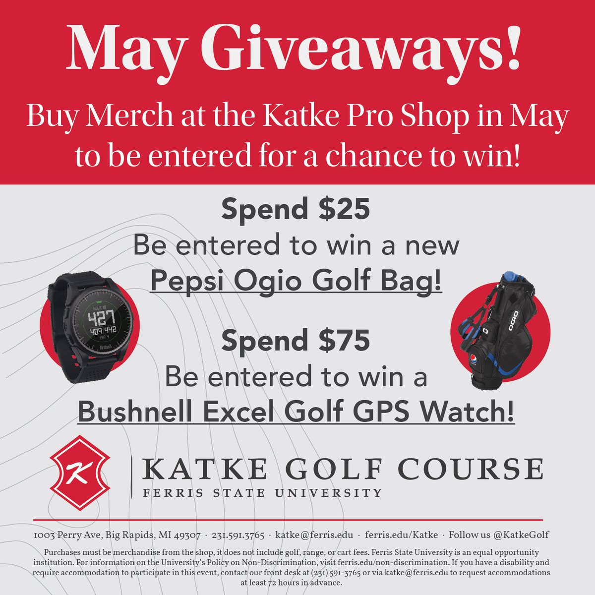 It’s G I V E A W A Y time!!!🤩 

For the month of May if you spend $25 on any Katke Pro shop merch you can enter to win a Pepsi Ogio golf bag.🤯 Or if you spend $75 on merch you can enter to win a Bushnell Excel golf GPS watch. 😱⌚️ 

Last day to enter will be May 31st. 🗓