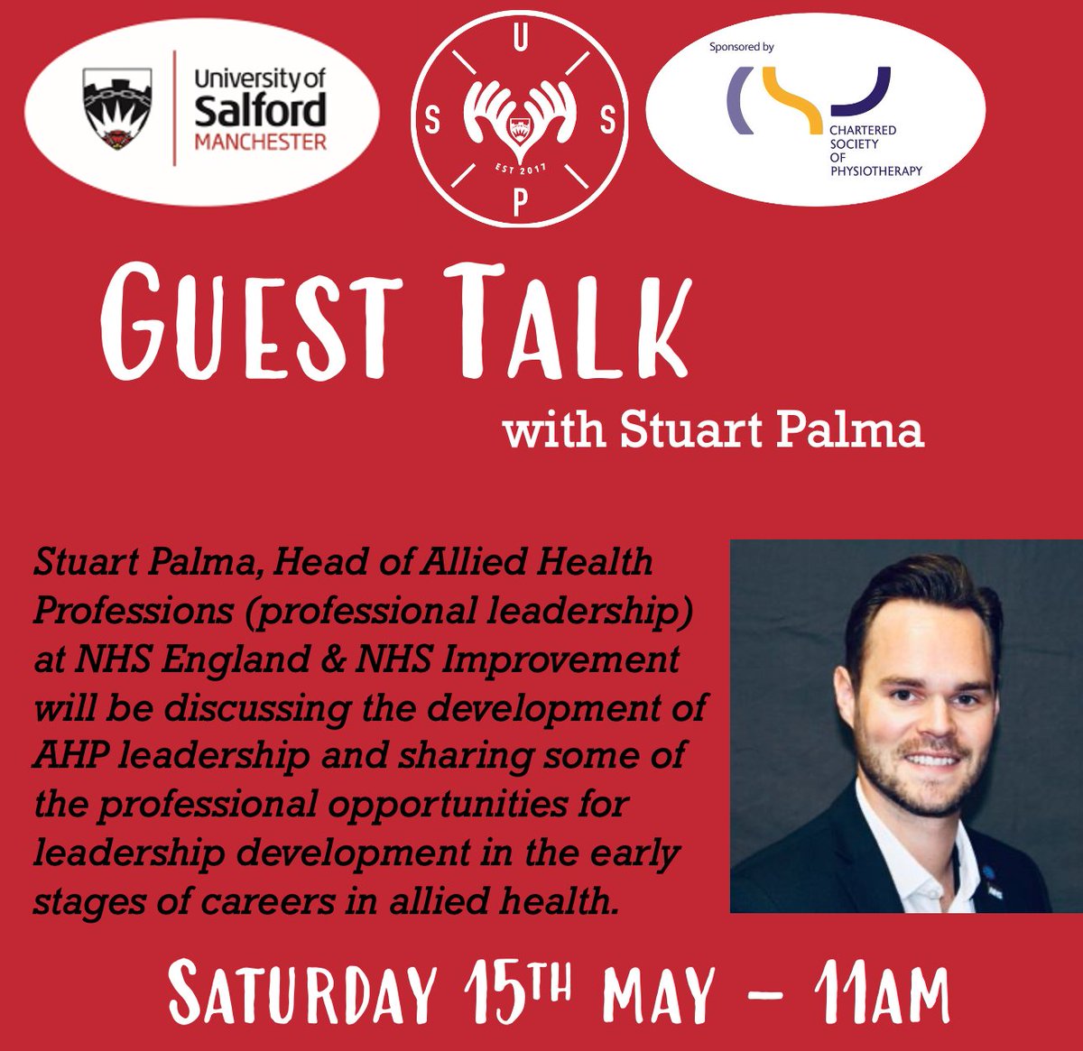 UoS Physio Society (@salfordphysio) on Twitter photo We are excited to be talking with Stuart Palma this Saturday! Feel free to DM us for more info about about to join. <a href="/UoS_Physio/">University of Salford Physiotherapy</a> #CSP #Physiotherapy #NHSPhysio We are excited to be talking with Stuart Palma this Saturday! Feel free to DM us for more info about about to join. <a href="/UoS_Physio/">University of Salford Physiotherapy</a> #CSP #Physiotherapy #NHSPhysio
