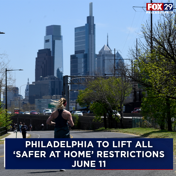 FOX29philly's tweet photo. REOPENING PHILLY:

🔴 'Safer at Home' restrictions to be lifted June 11
🔴  50% capacity limits in most settings May 21
🔴  Social distancing requirements lowered to 3 feet
🔴 Masks still required indoors

MORE: https://t.co/Es2hAvRaru https://t.co/T3piwaz3ZI