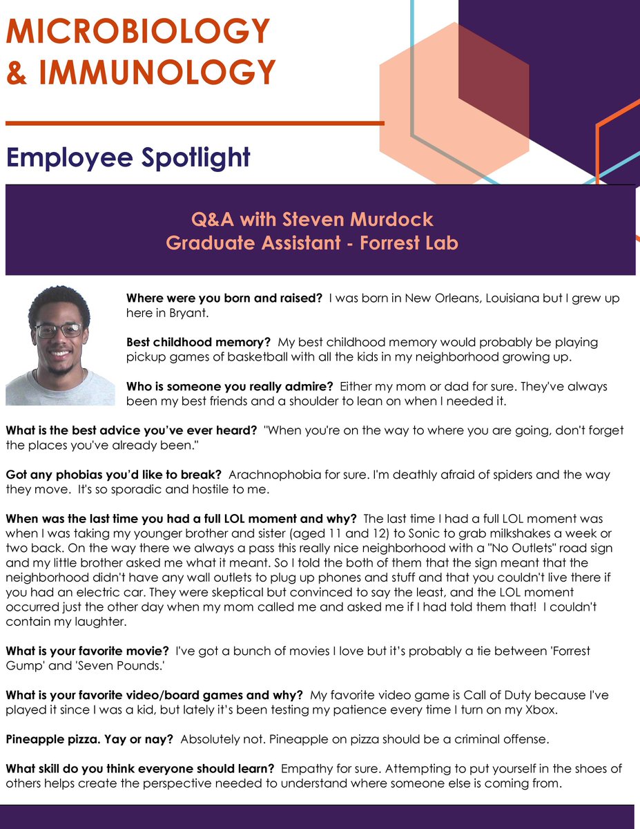 UAMS Microbiology & Immunology (@uamsmicroimmuno) on Twitter photo Check out this month's Microbiology & Immunology Spotlight featuring Steven Murdock from the <a href="/forrest_craig/">Craig Forrest</a> Lab! Check out this month's Microbiology & Immunology Spotlight featuring Steven Murdock from the <a href="/forrest_craig/">Craig Forrest</a> Lab!