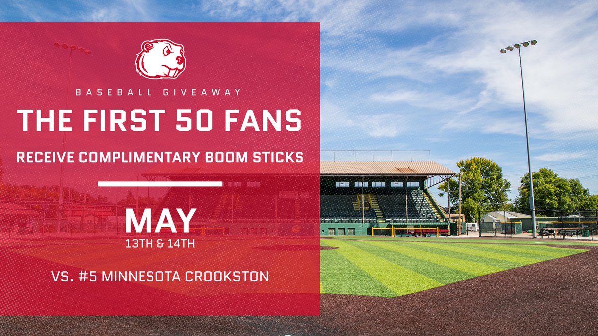 MSUBeavers's tweet photo. 🚨 @MSUBeaversBASE FANS 🚨

Your #4 Beavers are headed into the first round of the @NorthernSunConf tourney as we host #5 Minn. Crookston starting Thur. at 1:00!

The first 5⃣0⃣‼️ fans will receive complimentary BOOM STICKS! See you at Corbett!

#BuildTheDam | #OnwardBeavers https://t.co/t4KShtWz0L