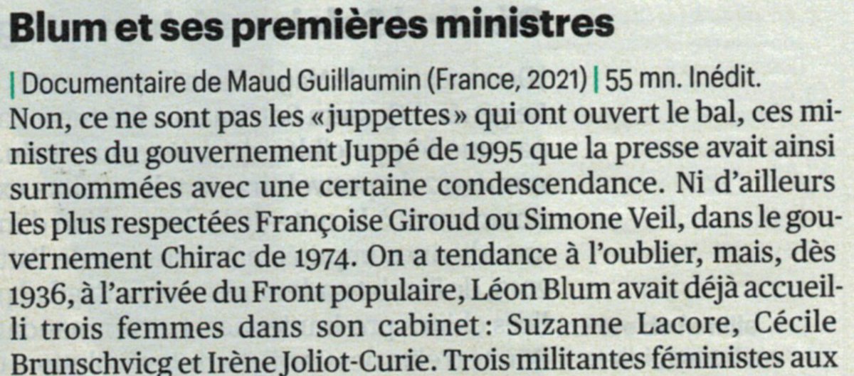 BLUM ET SES PREMIERES MINISTRES <a href="/maudguillaumin/">GUILLAUMIN Maud</a>  c'est ce soir à 21h34  <a href="/TLHTV/">Toute l'Histoire</a> et MERCI <a href="/Telerama/">Télérama</a> pour ce nouvel article😍👋
<a href="/LeCNC/">Le CNC</a> <a href="/NvelleAquitaine/">Nouvelle-Aquitaine</a> <a href="/ericcorreia/">Eric N. Correia</a> <a href="/fvilcocq/">Vilcocq Frédéric</a> <a href="/al_rousset/">Alain Rousset</a> <a href="/dpapon/">Dominique Papon</a> <a href="/cddordogne/">Dordogne-Périgord, le Département</a> <a href="/FIFH_Pessac/">FestivalFilmHistoire</a> <a href="/comf3aqui/">Communication France 3 N-A</a>