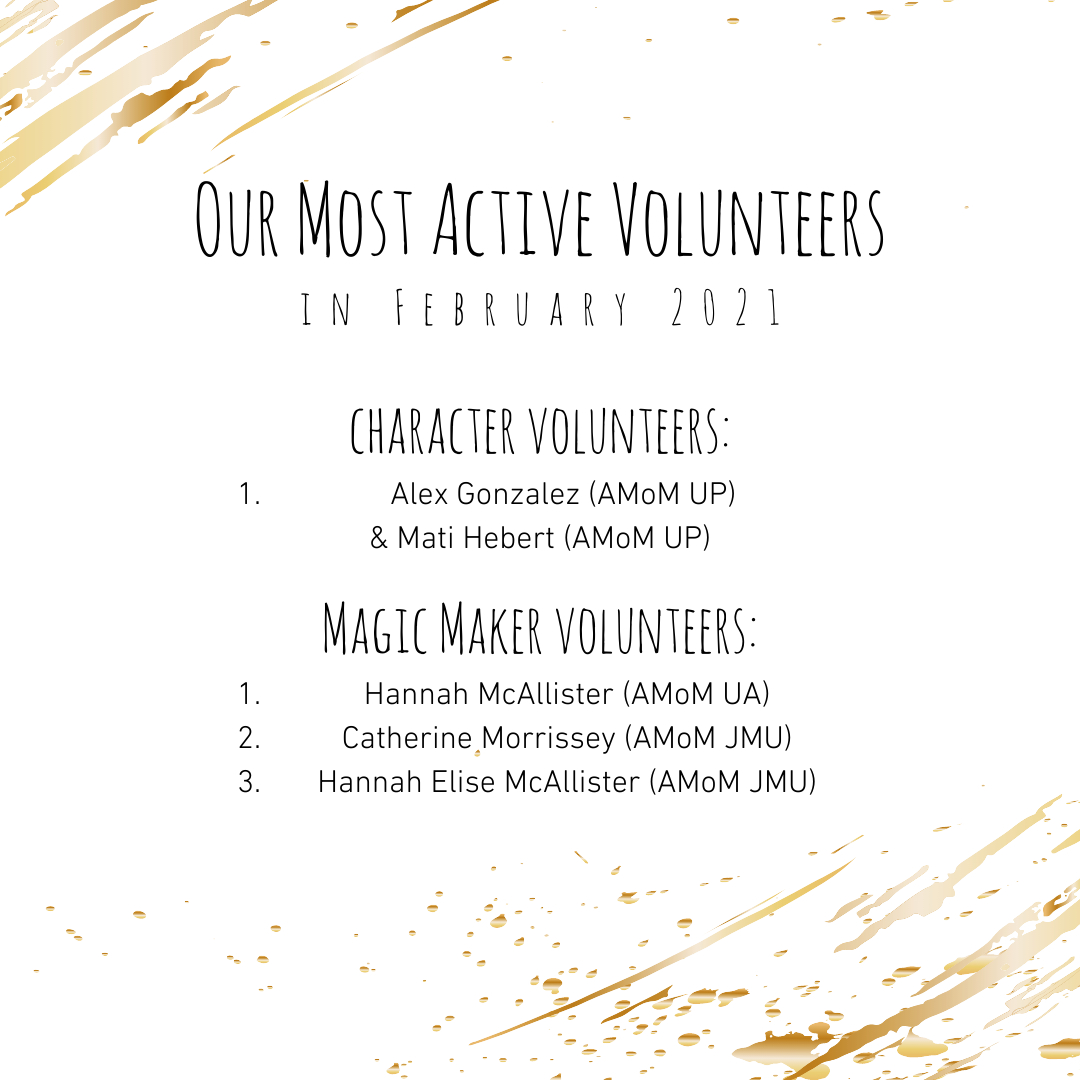 We want to take a moment to celebrate our most active volunteers in February 2021! Thank you so much for your hard work, enthusiasm, dedication, and magic!