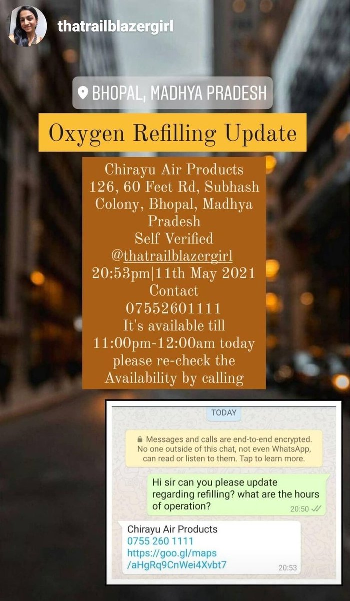 GrlWidNoUsrname's tweet photo. BHOPAL, MADHYA PRADESH Oxygen refilling from 11pm to 12am today 11th May'21.
Chirayu air products 126, 60 feet rd, subhash colony. Verified ✅
0755260111. 
Please use your own discretion. 
@COVResourcesIn @CovidSOSteam @SOSBhopal #madhyapradesh #OxygenRefilling #COVID19India https://t.co/5AoszZRyiV