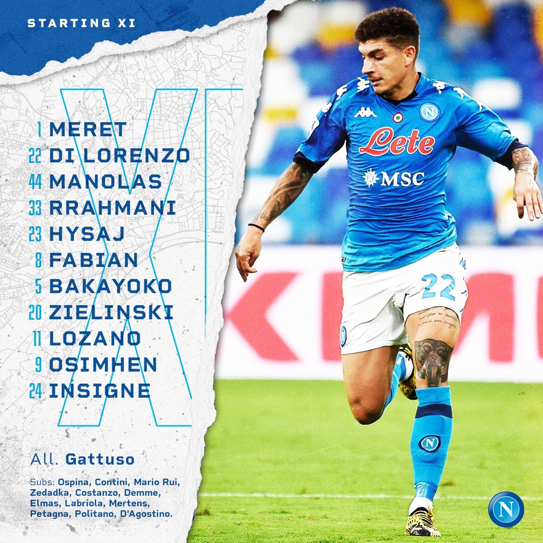 sscnapoli's tweet photo. 📃 | StartingXI: Meret, Di Lorenzo, Manolas, Rrahmani, Hysaj, Fabian, Bakayoko, Zielinski, Lozano, Osimhen, Insigne.

#NapoliUdinese

💙 #ForzaNapoliSempre https://t.co/P6XciiwewK