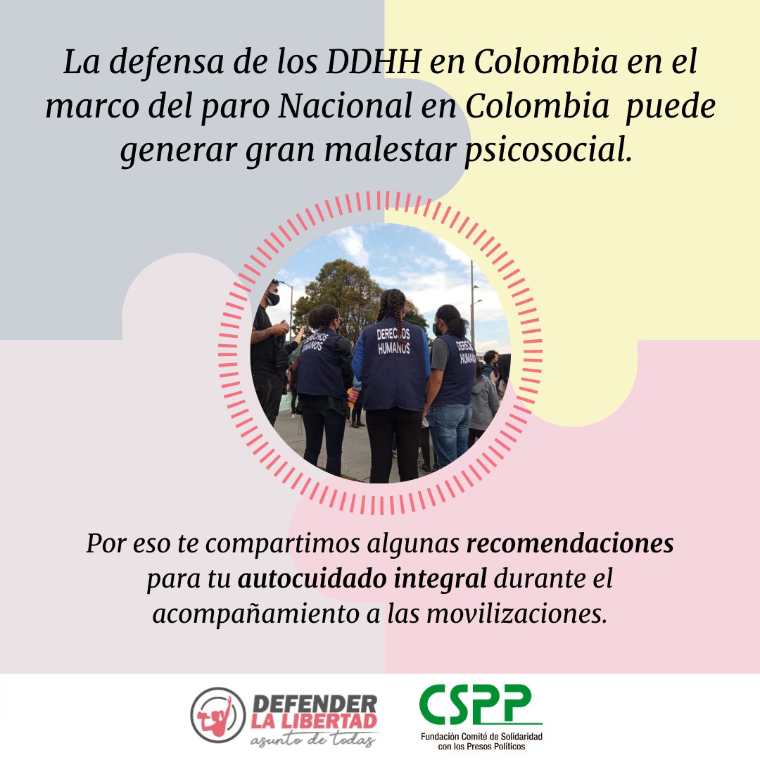 comite_CSPP's tweet photo. #IMPORTANTE 🆘🗣️ Es importante que tengamos en cuenta que la defensa de los DDHH en Colombia en el marco del #ParoNacional 🇨🇴 puede generar gran malestar psicosocial.  

Abrimos hilo de autocuidado⬇️ https://t.co/pPodTD1EKj