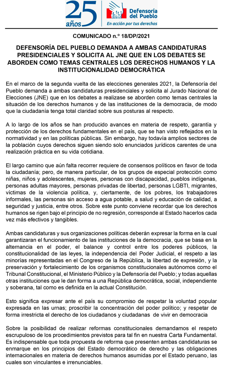 Defensoria_Peru's tweet photo. #Comunicado #Elecciones2021PE Demandamos a ambas candidaturas presidenciales y solicitamos al @JNE_Peru que en los debates se aborden como temas centrales los #DerechosHumanos y la institucionalidad democrática👉https://t.co/xwtmZnWvhQ https://t.co/4vqhHTTFIj