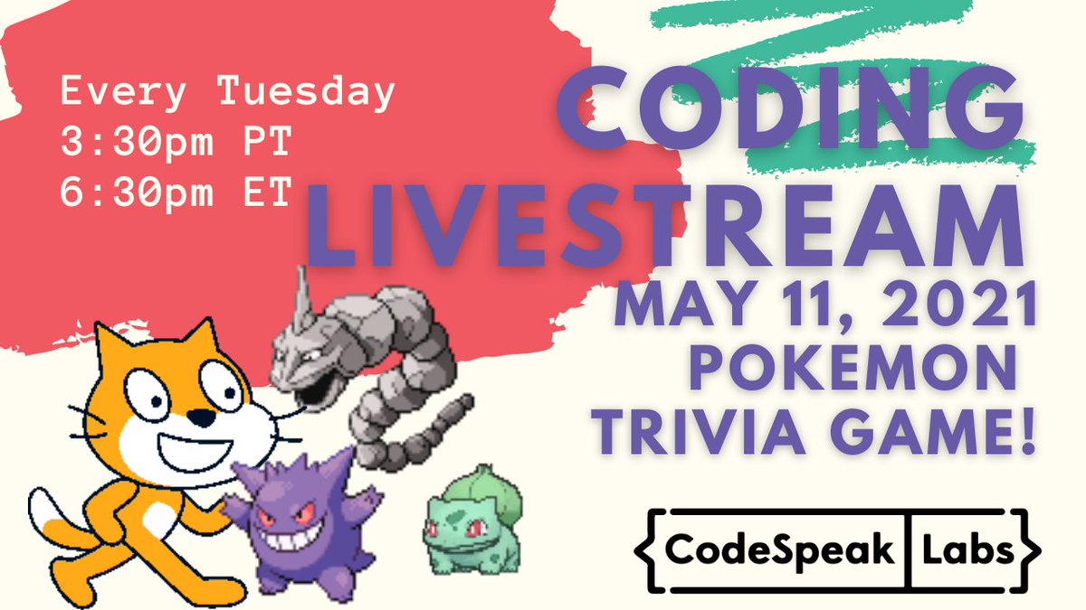codespeaklabs's tweet image. Gotta catch &apos;em all! Join today&apos;s live stream for a Pokemon themed Scratch project! We&apos;ll make a trivia game in which players need to guess the correct name for each Pokemon. The free live stream lesson is today at youtube.com/codespeaklabs