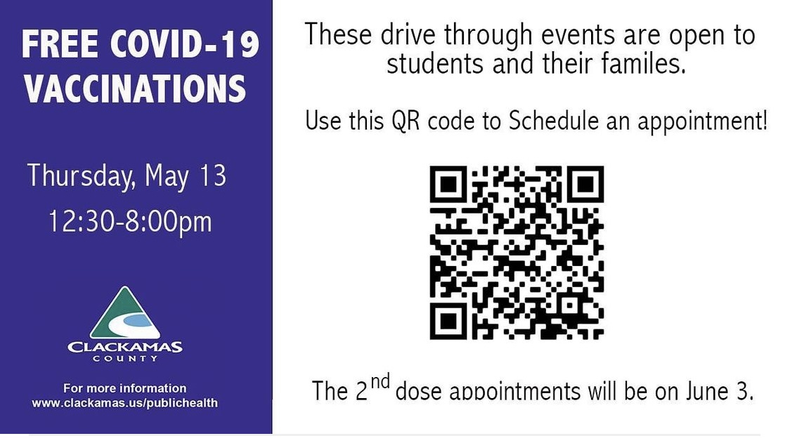 ochspioneers's tweet image. Clackamas County Public Health and OCHS will host a drive-through Covid vaccine (Pfizer) clinic for anyone 16 years and older. 
Dates: May 13 (1st dose) and June 3 (2nd dose)
Clinic Hours: 12:30 pm- 8:30 pm
More info: bit.ly/COVID-Vaccine-…