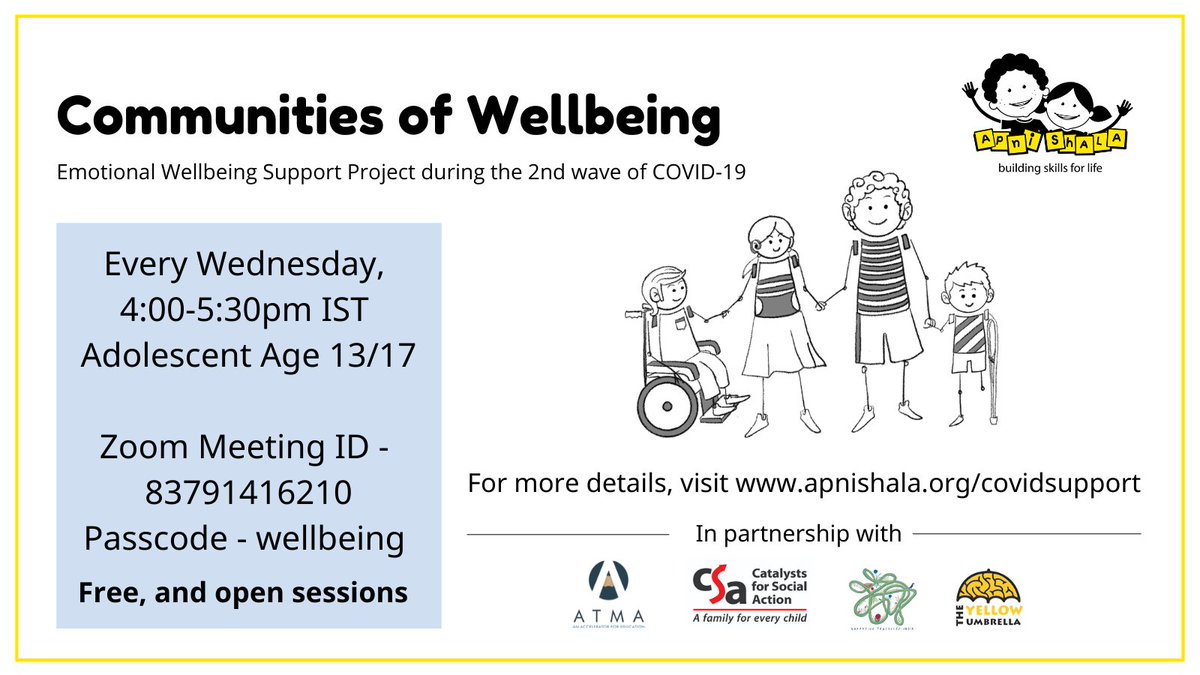 Communities of Wellbeing | Adolescent age (13-17 years) | Happening Tomorrow!

Offered in English and Hindi. Check out the flyers for the zoom ID and other details, or visit apnishala.org/covidsupport to get the zoom link.

#CommunitiesOfWellbeing #COVID19 #SecondWave #MentalHealth