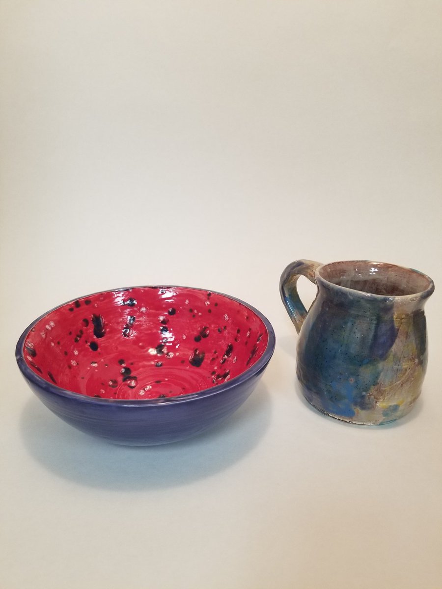 MrsMacArt's tweet photo. Wheel thrown ceramics are coming out the kiln today! 💙 These kids bring me such joy and pride! Here are works by Sadie Arend, Miah Ritter, Addi Miller and Chloe Gossman. https://t.co/FGvTn1YpBZ