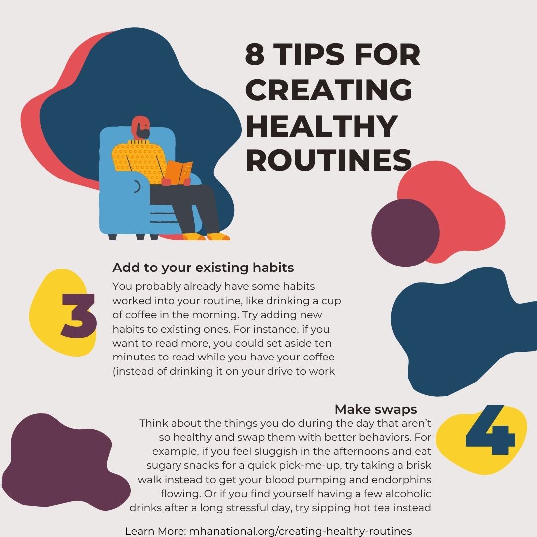 GivingSpacePod's tweet image. Routines help us organize our days and becomes a pattern that makes it easier to get things done and take care of ourselves without having to think hard about them. #MentalHealthMonth #MentalHealth #Wellness #habits #routines #health #care