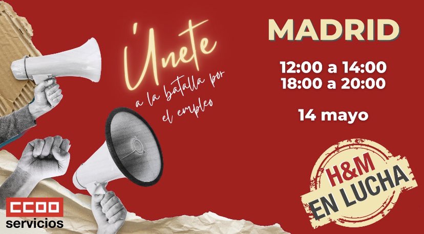 LadyCyntxus's tweet photo. 🔴HUELGA EN H&amp;M🔴 
📅 Viernes 14 de Mayo 
⏰de 12:00 h a 14:00 horas 
⏰de 18:00 h a 20:00 horas
📍TODAS LAS TIENDAS DE H&amp;M 
✊🏽ESTE ERE NOS AFECTA A TODOS  #erehm #ccooactua @ComercioCCOO @CCOOServMad @ccoohmmadrid https://t.co/4hPpCM4YFe