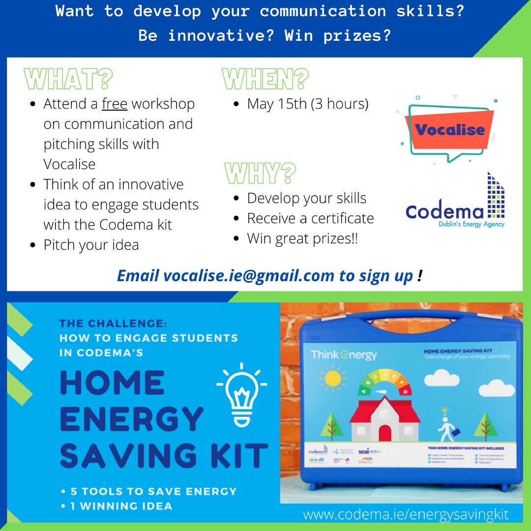 Vocalise_ie's tweet photo. Vocalise is partnering with @CodemaDublin , @BusinessDCU and @CTYI to provide mentorship to students taking part in the challenge to engage students in Codema’s Home Energy Saving Kit ♻️

Email us or drop us a dm to sign up 🌟 https://t.co/38qljROgI1