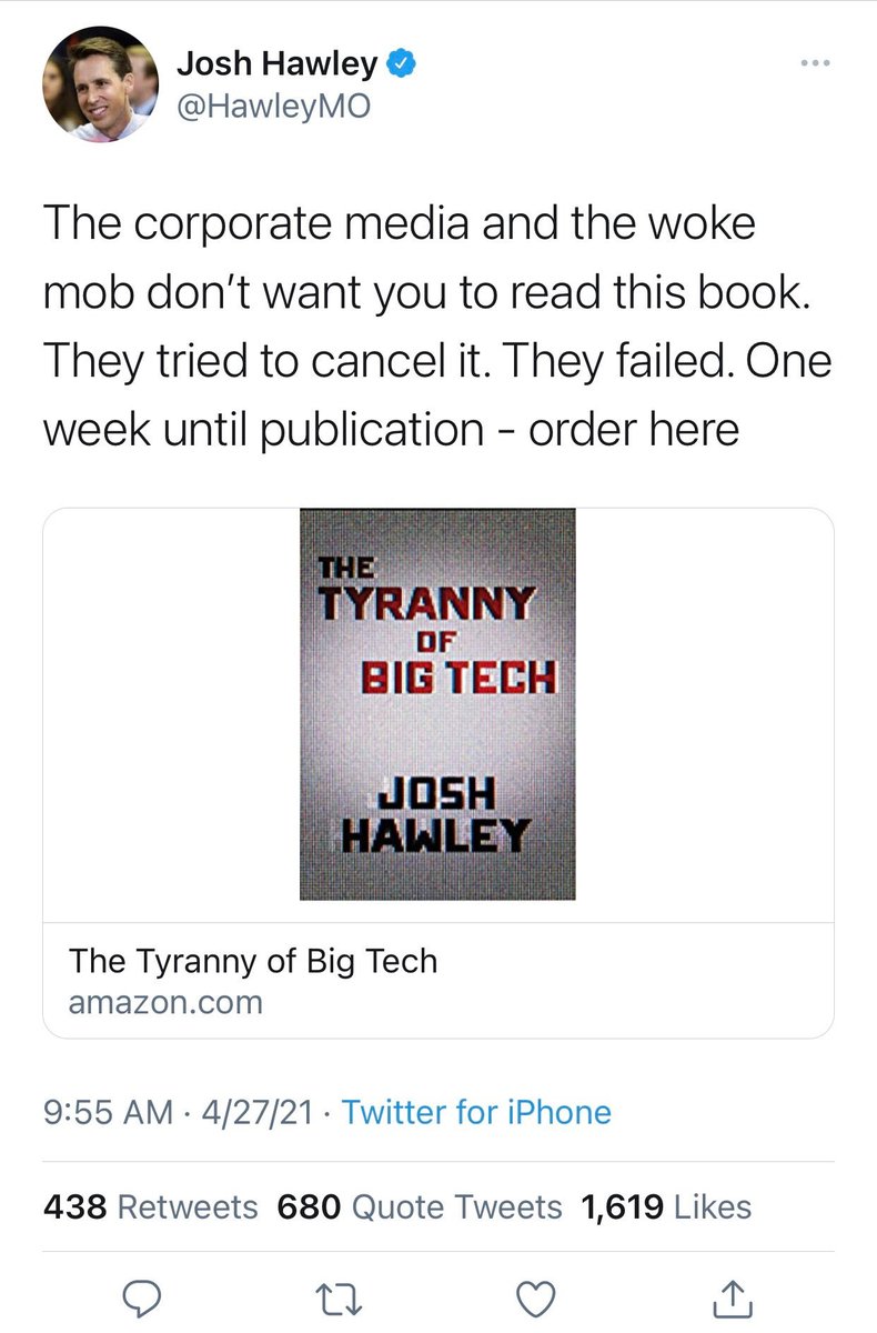 MissouriForward's tweet photo. Hawley claims the “Woke Mob” is trying to cancel him. If you’d like to to cancel this US Senator join the woke Missouri Forward mob, donate $18 (the cost of his book on Amazon) BTW, If he hates tech, why is he selling on Amazon?  https://t.co/F5WkLigHTs #HawleyIsANationalDisgrace https://t.co/uapfCtFS2j