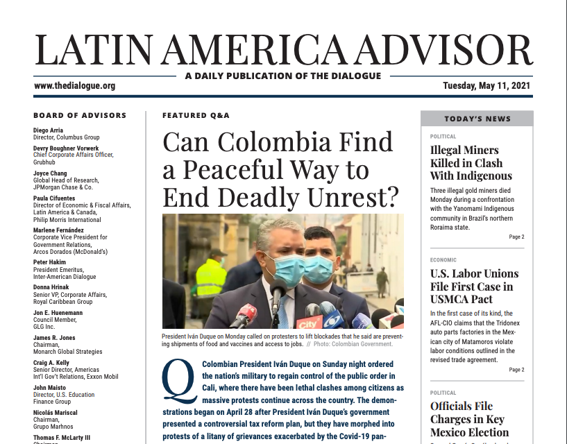 The_Dialogue's tweet photo. Today's #LatAmAdvisor Q&amp;A: Can Colombia Find a Peaceful Way to End Deadly Unrest?

Feat. Amb. @PachoSantosC, @DeLaCalleHum, @arlenebtickner, @GwenBurnyeat, @dickinsonbeth &amp; @gimena_wola 

Full Q&amp;A ➡️  https://t.co/R0mafl9ulr https://t.co/yIKO52CJm9