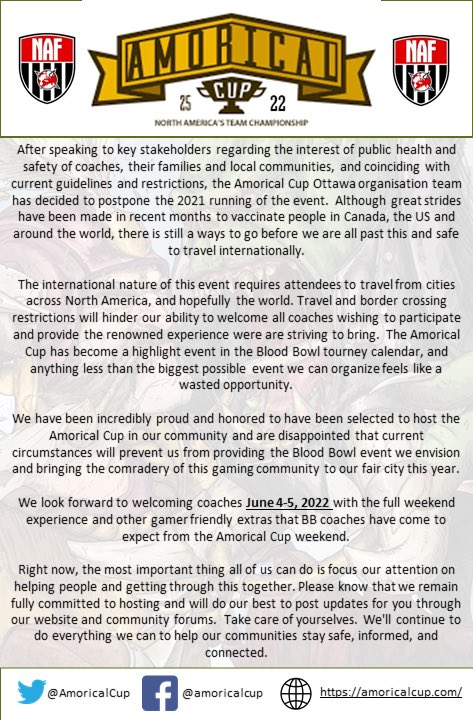 New Date Announcement. We hope to see you in 2022! <a href="/OfficialNAF/">The NAF</a> <a href="/NafCanada/">Naf Canada</a> #bloodbowl