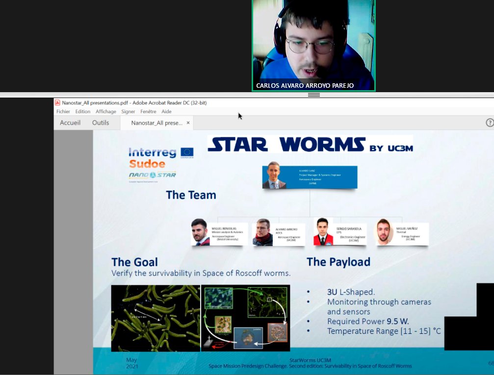 #NanostarFinalEvent Time for the testimonies of 3 students teams. We start with UC3M StarWorms: the winners of the 2nd edition of the Nanostar Preliminary Design Challenges nanostarproject.eu/student-challe…
@Sudoe5  <a href="/uc3m_aero/">uc3m aeroespacial</a> <a href="/PhDAeroUC3M/">UC3M - PhD Program in Aerospace Engineering</a> <a href="/uc3m/">UC3M</a>