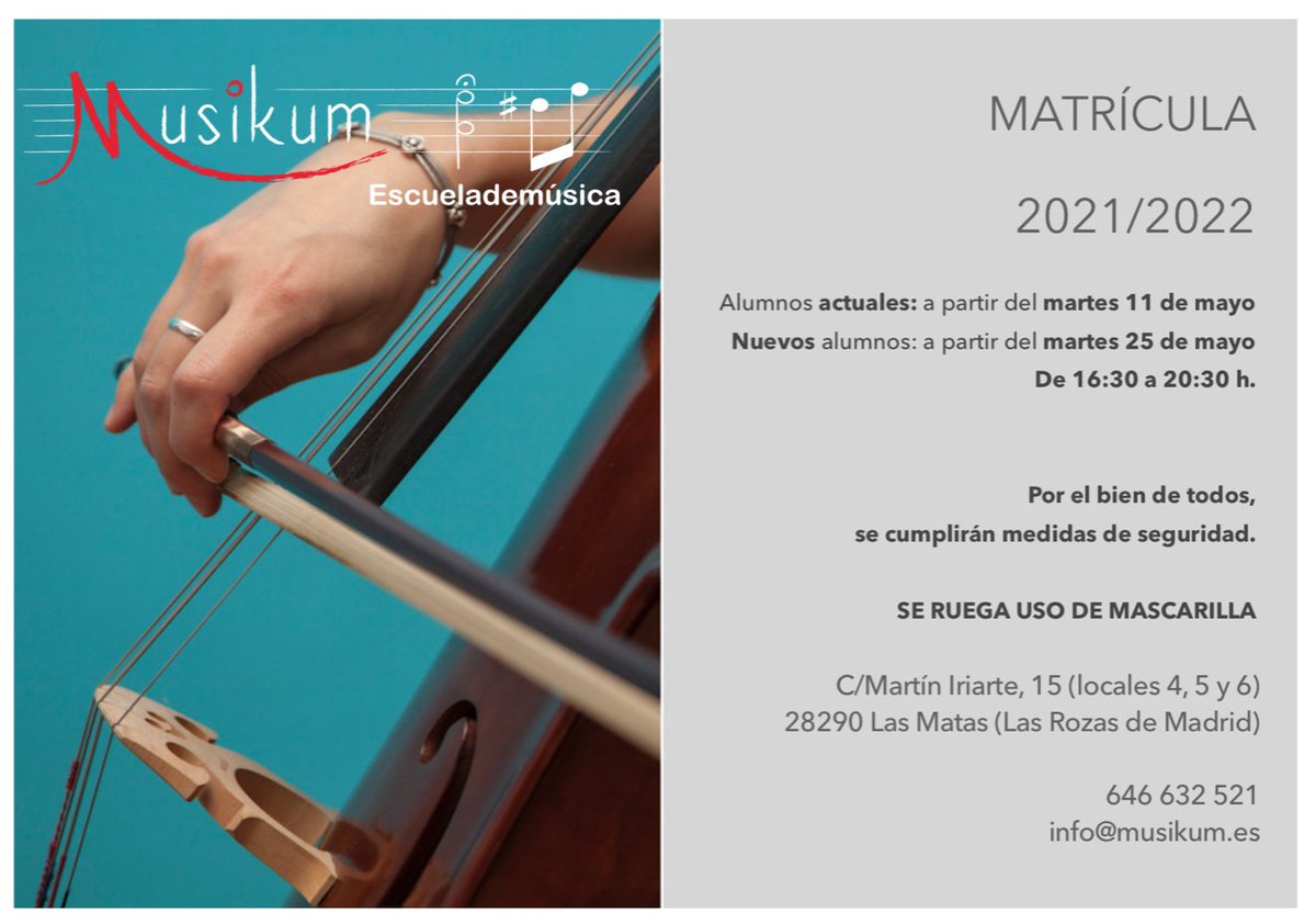 EscuelaMusikum's tweet photo. 3... 2... 1... ¡Matrícula abierta! Ya podéis reservar #plaza en #Musikum para el #curso20212022
#matrícula #música #escuela #academia #LasMatas #LasRozas #niños #clasesparaadultos #pedagogía #piano #canto #guitarra #violín #flauta #violonchelo #clarinete #saxofón #batería https://t.co/onuzIjnUkE