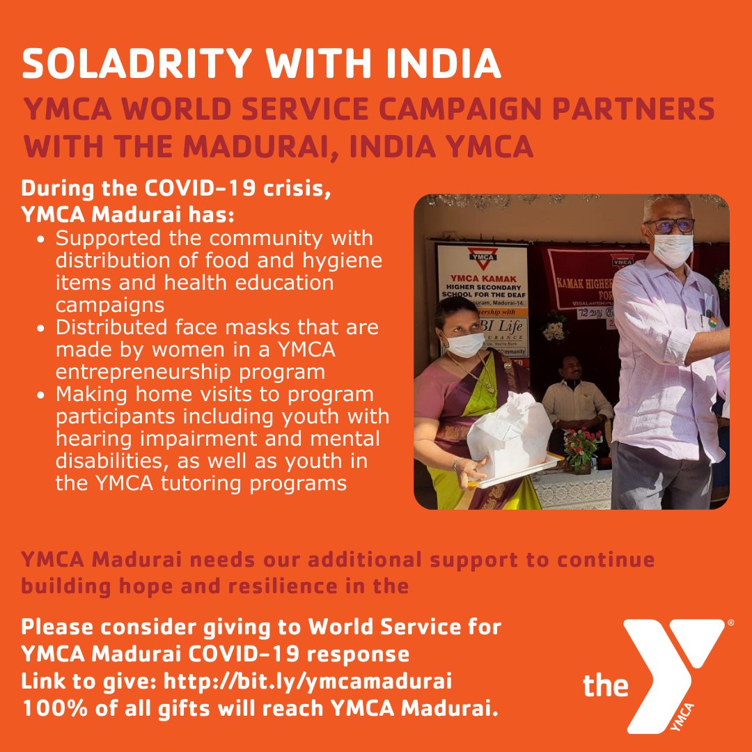 India is experiencing a 2nd wave of COVID-19 cases, that has overwhelmed hospitals, with 350,000+ cases reported at day.   
Please consider giving to #YWorldService to support Madurai YMCA's COVID-19 Response.  Every contribution helps.  Giving link:bit.ly/ymcamadurai