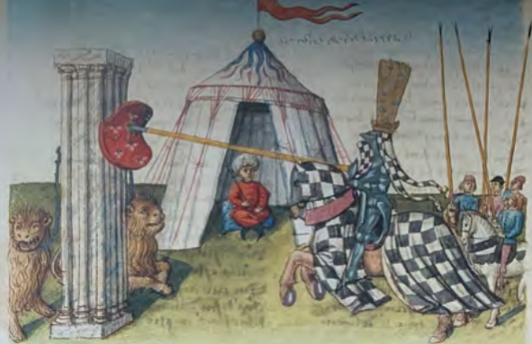 Chaucer also bangs on these shields to show which events William is going to compete in. This too was a thing in late medieval 'pas d'armes', but challengers would do this themselves, either to signal their challenge or additionally the choice of weapons.