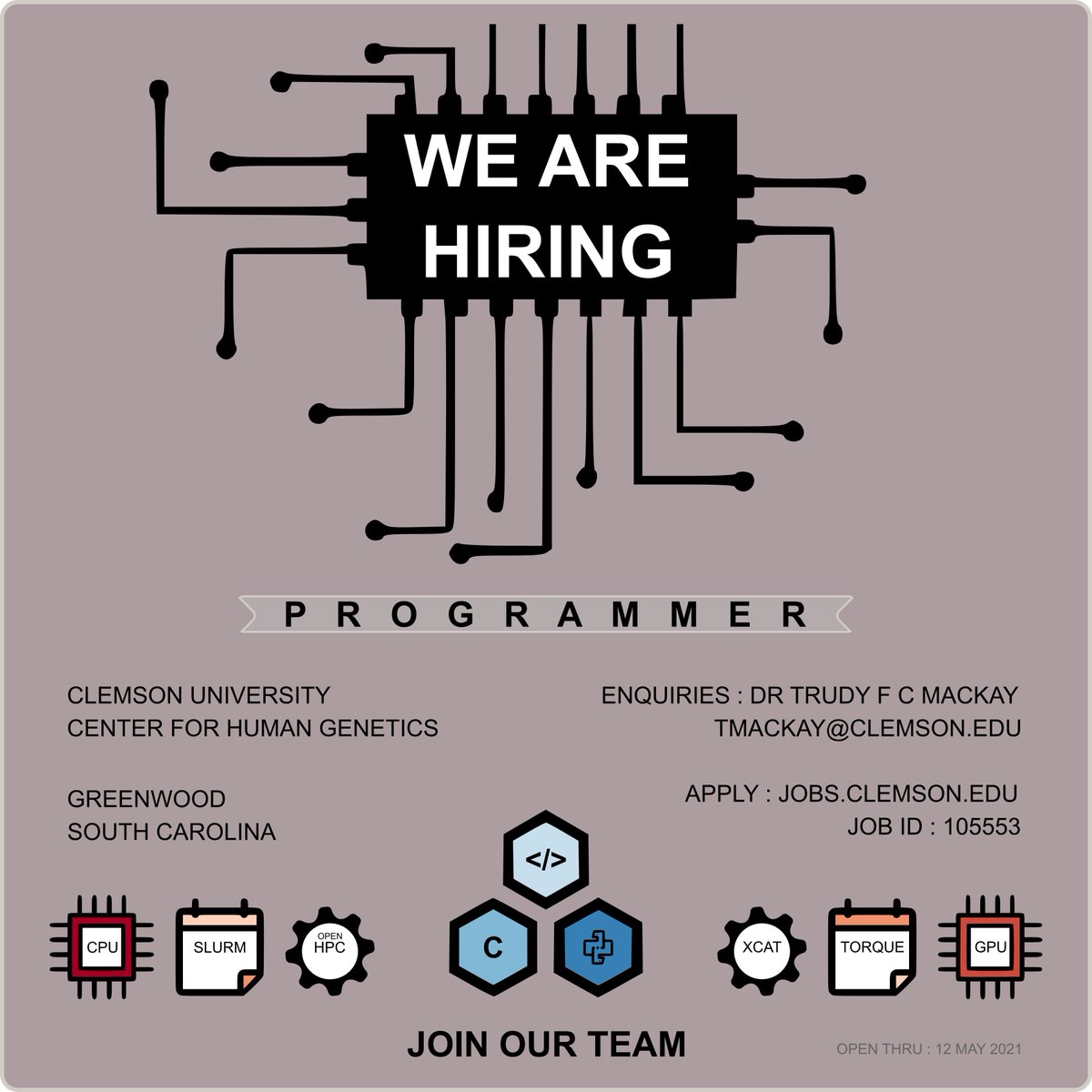 ClemsonCHG's tweet photo. 💼#NowHiring | Deadline: May 12

• @ClemsonUniv CHG job opportunity: Programmer
• Full-time: 37.5 hr/wk
• Expected salary: ~ $40K - $55K

Info / apply: https://t.co/FksD1bL33f

#Recruitment #JobHunt #ITJobs https://t.co/OfF6eA9o0w