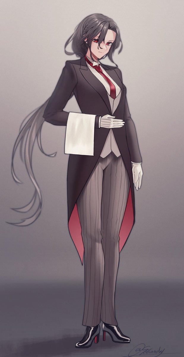 formal long hair solo 1girl gloves suit necktie  illustration images