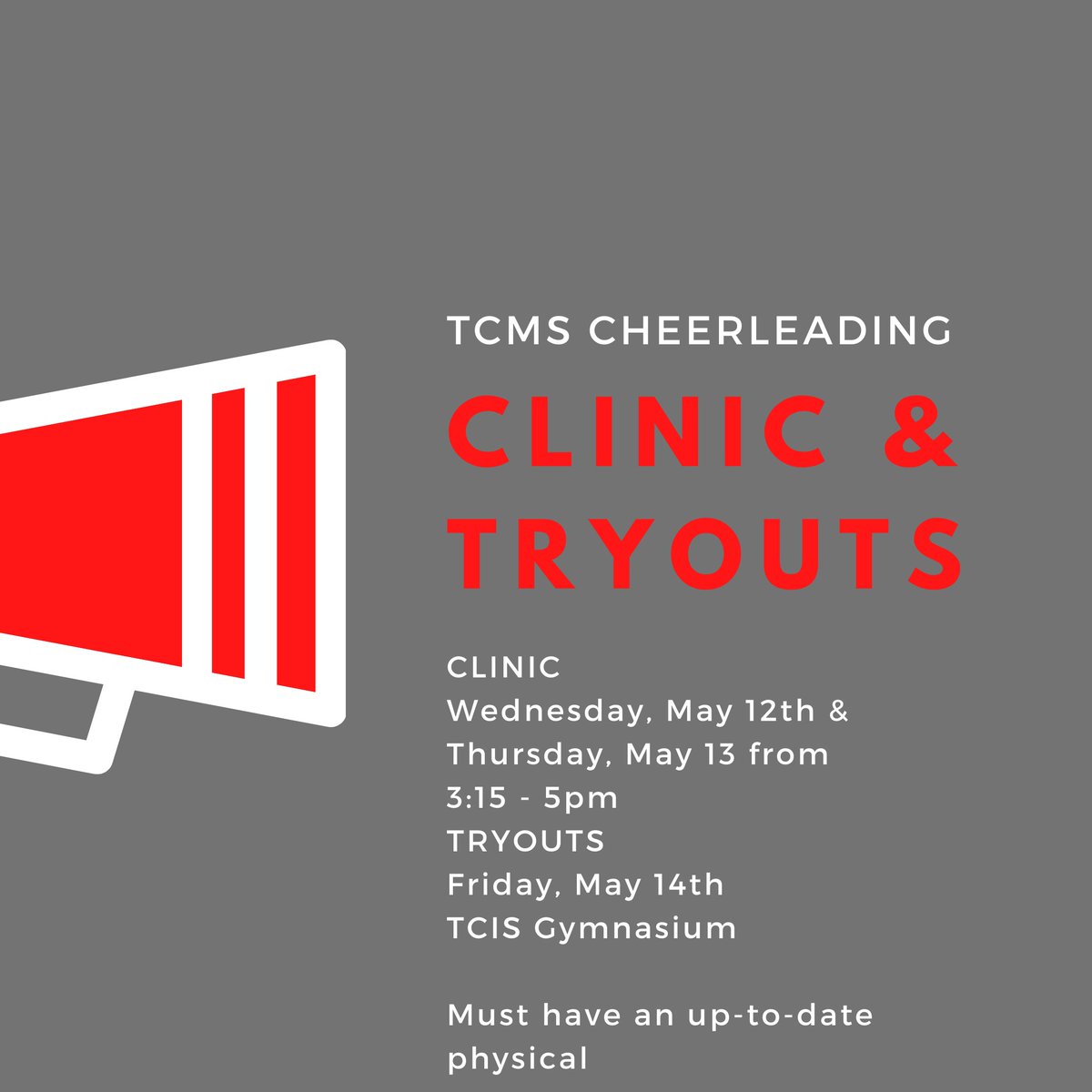 REMINDER: TCMS Cheerleading clinic and tryouts are this week!! 

Please call or text Coach Jenny Miller at 270-403-5817 or Coach Dana Rogers at 270-469-5872 with any questions and to get signed up to tryout!

#tcpride #gocards #tcmscheerleading https://t.co/Qj61IRXreI