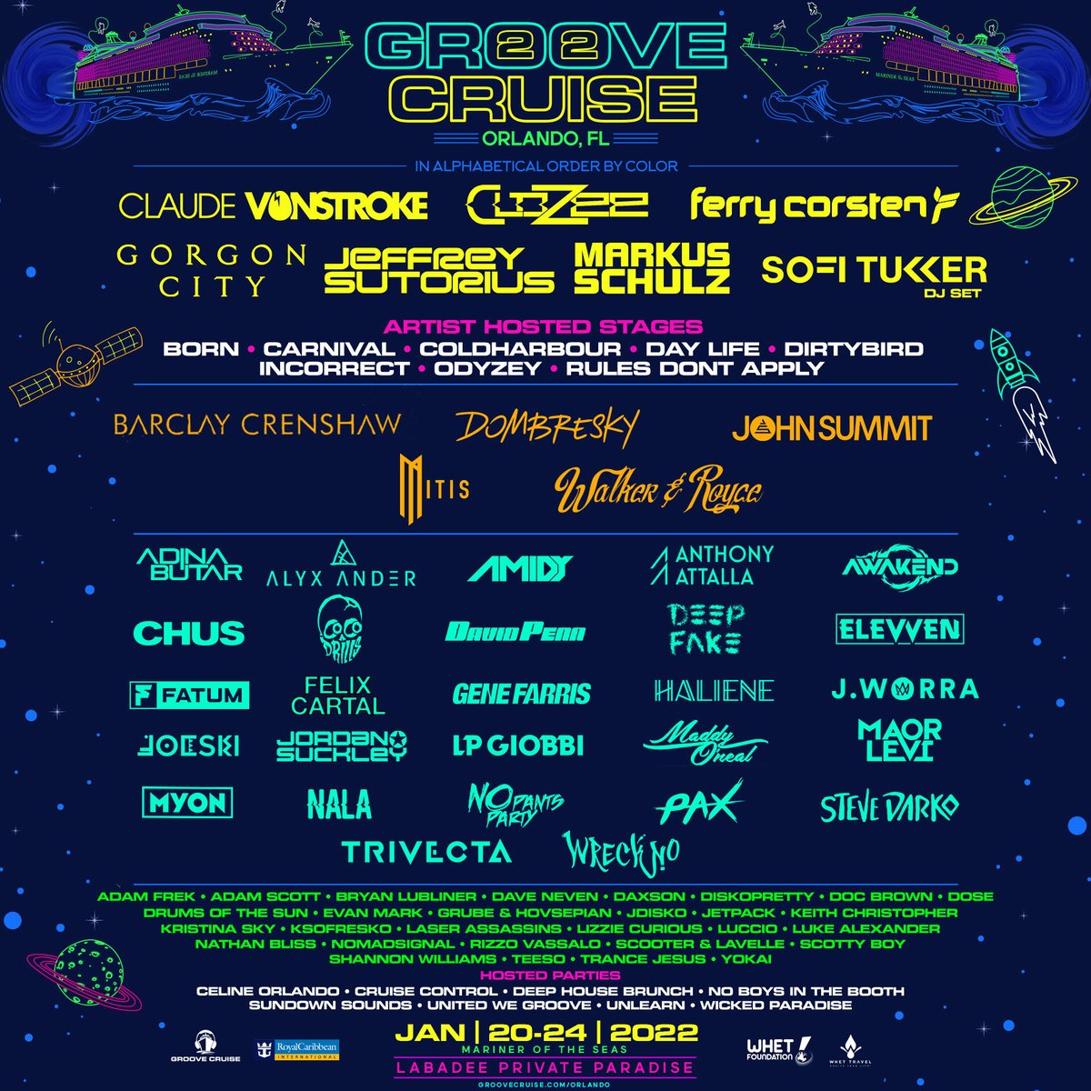 Check the line-up for @groovecruise Orlando Jan 20-24, 2022 🎉

I'll be playing alongside <a href="/DJDavidPenn/">David Penn</a> <a href="/sofitukker/">SOFI TUKKER</a> <a href="/FerryCorsten/">Ferry Corsten</a> <a href="/GorgonCity/">Gorgon City</a> <a href="/VonStroke/">VonStroke</a> &amp; SO MANY MORE!

Don't forget, use my promo code CURIOUS to save $50 per person when you book 👊🏼 bit.ly/groovecruise20…