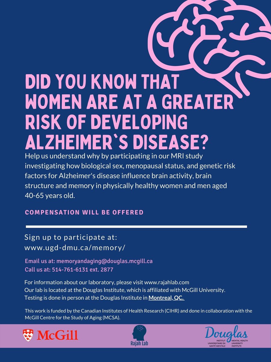 mnrajah's tweet photo. We’re at it again 👇🏽👇🏽 If you identify as a woman 40-65 yrs old, live in #Montreal area, & are interested in contributing to our research on #brain health at midlife & #menopause (BHAMM): a study on women’s risk of Alzheimer’s disease - contact us! 👇🏽👇🏽pls RT #womanshealthweek https://t.co/ONihl9Zpvi