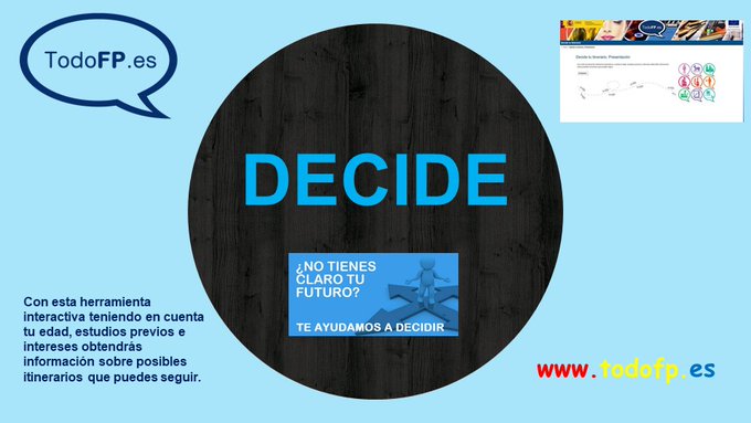 Si no tienes claro qué estudiar o tienes dudas entre varias titulaciones de #FP, consulta la herramienta interactiva de <a href="/educaciongob/">Ministerio de Educación, FP y Deportes</a> <a href="/todofp/">TodoFP</a> 
Sigue los pasos teniendo en cuenta tu edad, estudios previos e intereses en 👉 todofp.es/decide