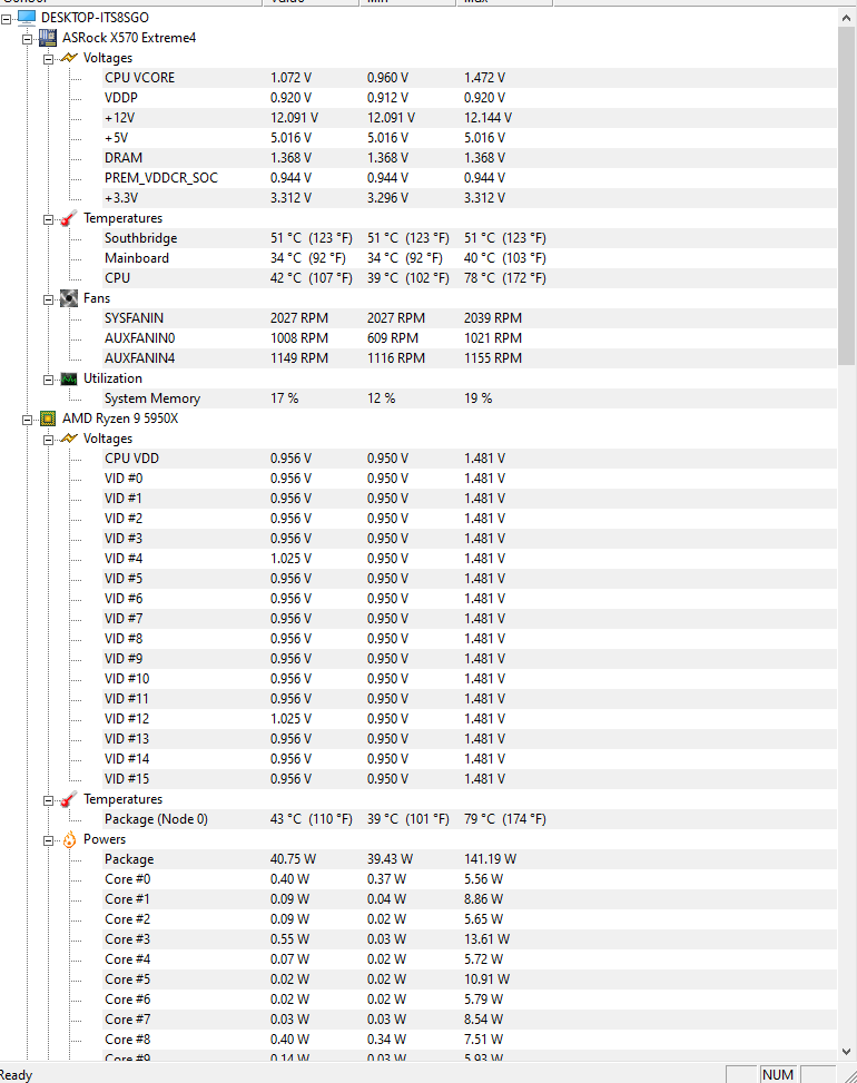 Bisquit_v8's tweet photo. @ASRockInfo  can you guys help with this? i have a asrock x570 extreme 4 and after updating bios to 3.7 i get such HEAT from the CPU its insane the voltage goes 1.485v on the 5950x and the damn bios settings are so wierd to deal with. please #help. https://t.co/1dvlhZOeCS