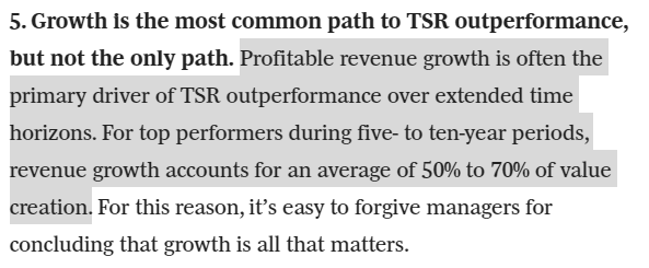 2) Focus on the business rather than the valuation multiples.Revenue growth remains the largest contributor to long-term value creation."For top performers during five- to ten-year periods, revenue growth accounts for an average of 50% to 70% of value creation."