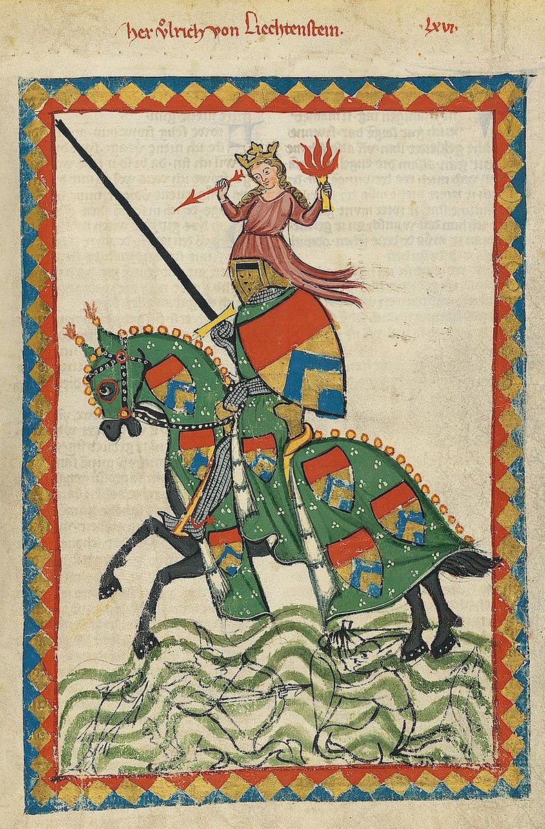 As we're talking about people in disguise, let's focus on 'Ulrich von Lichtenstein'. They play this for comedy in the film, but Ulrich was actually a renowned jouster (and poet). In his work, Frauendienst, he describes how he fought all comers on a journey from Venice to Vienna.