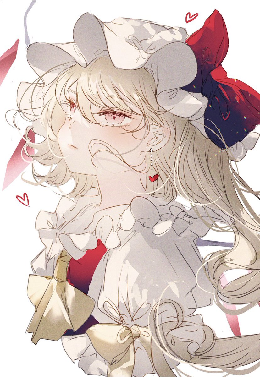 flandre scarlet 1girl hat solo mob cap blonde hair jewelry white background  illustration images
