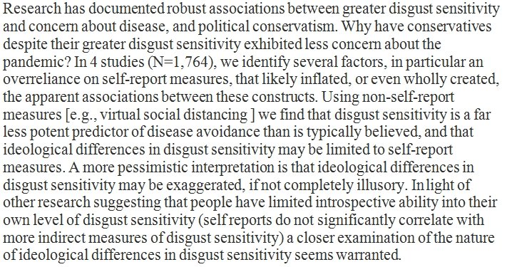 Greater disgust sensitivity among conservatives was probably a misimpression, created by research based on self-reports. psyarxiv.com/yn23v/