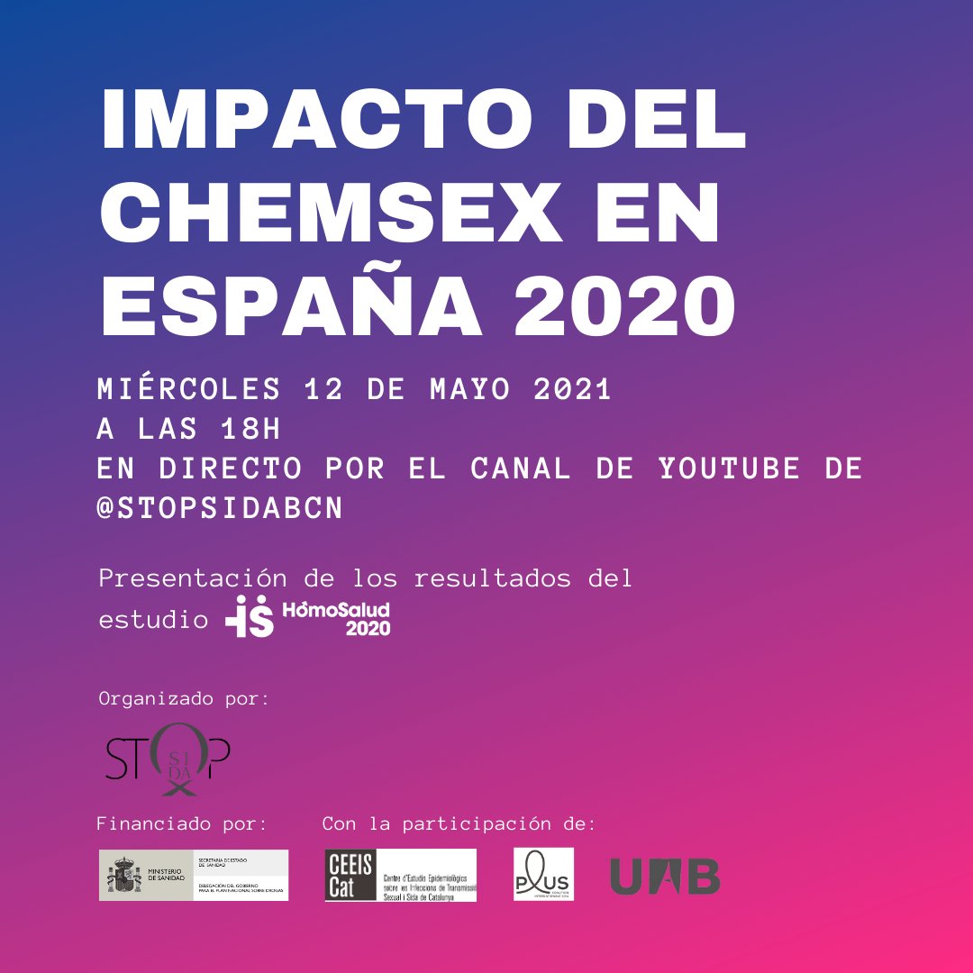 recherche_CPLUS's tweet photo. Demain ne ratez pas le dévoilement des résultats de l’étude #HomoSalud2020 portant sur l’impact du #chemsex chez les HSH en Espagne. Avec des présentations de @drojascastro (@recherche_CPLUS), @CEEISCAT et @StopsidaONG. 

⏰ À 18h en direct sur le canal YouTube de @StopsidaONG https://t.co/CQvPrRgoPu