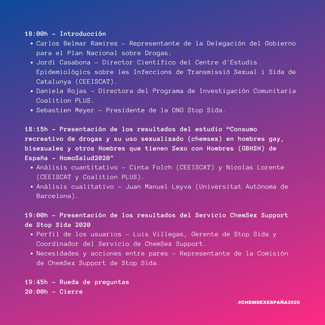 recherche_CPLUS's tweet photo. Demain ne ratez pas le dévoilement des résultats de l’étude #HomoSalud2020 portant sur l’impact du #chemsex chez les HSH en Espagne. Avec des présentations de @drojascastro (@recherche_CPLUS), @CEEISCAT et @StopsidaONG. 

⏰ À 18h en direct sur le canal YouTube de @StopsidaONG https://t.co/CQvPrRgoPu