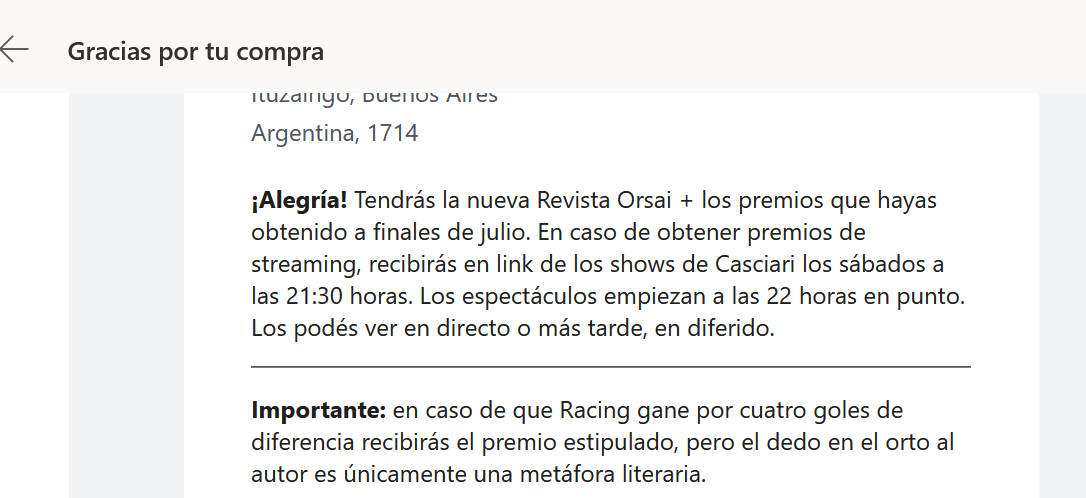 Otra vez cayendo en la timba de <a href="/casciari/">Hernán Casciari</a> ... todo sea por la Orsai y por Racing, aunque agradezco que el segundo item de los 4 goles haya sido solo una metáfora 😅
