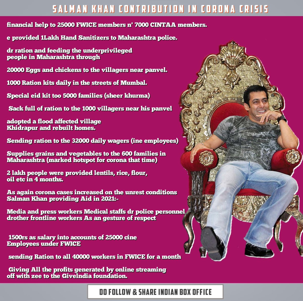 Box_Office_BO's tweet photo. #SalmanKhan contribution in Corona Crisis. https://t.co/pRK3Z0opHR