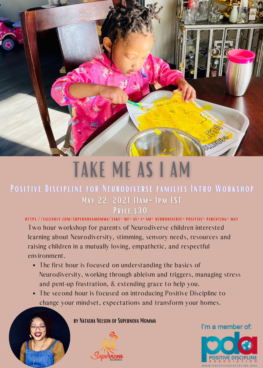 Hi! I’m Tash, Im an Autistic Mom to two Autistic girls and I’m a Certified Positive Discipline Parent Educator. I host virtual courses and workshops that help introduce and teach parents, specifically Black and Neurodiverse parents, positive discipline.  https://supernovamomma.com/positive-discipline-workshop/