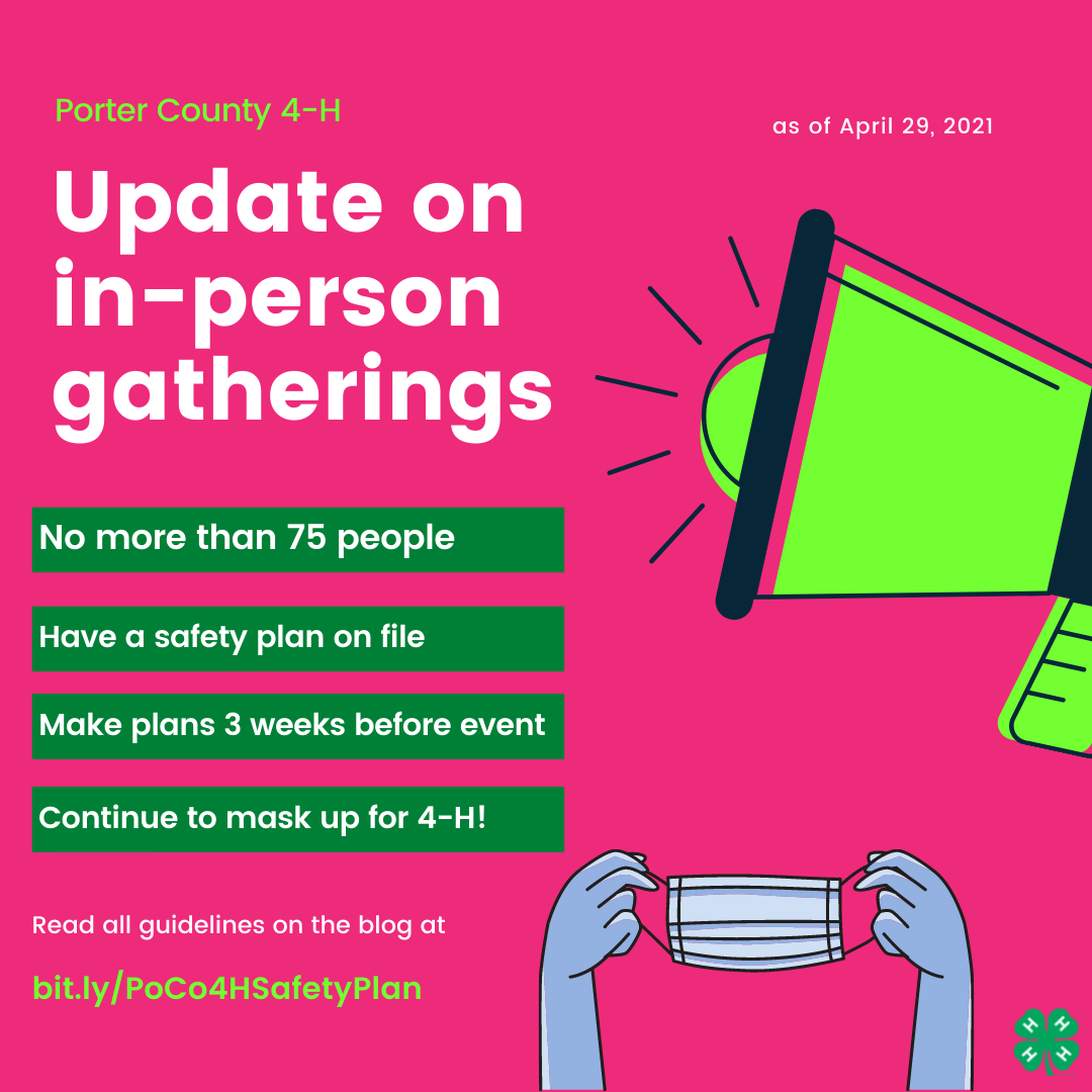 Getting together as a club? Just be sure to follow all Indiana 4-H procedures for gathering in-person. Indiana 4-H requires a safety plan detailing the process and procedure of your event on file at LEAST three weeks prior to your event!
bit.ly/PoCo4HSafetyPl…